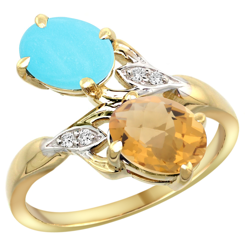 10K YELLOW GOLD DIAMOND NATURAL TURQUOISE & WHISKY QUARTZ 2-STONE RING OVAL 8X6MM, SIZES 5 - 10