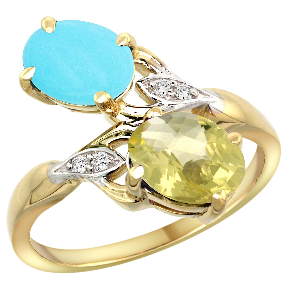 10K YELLOW GOLD DIAMOND NATURAL TURQUOISE & LEMON QUARTZ 2-STONE RING OVAL 8X6MM, SIZES 5 - 10