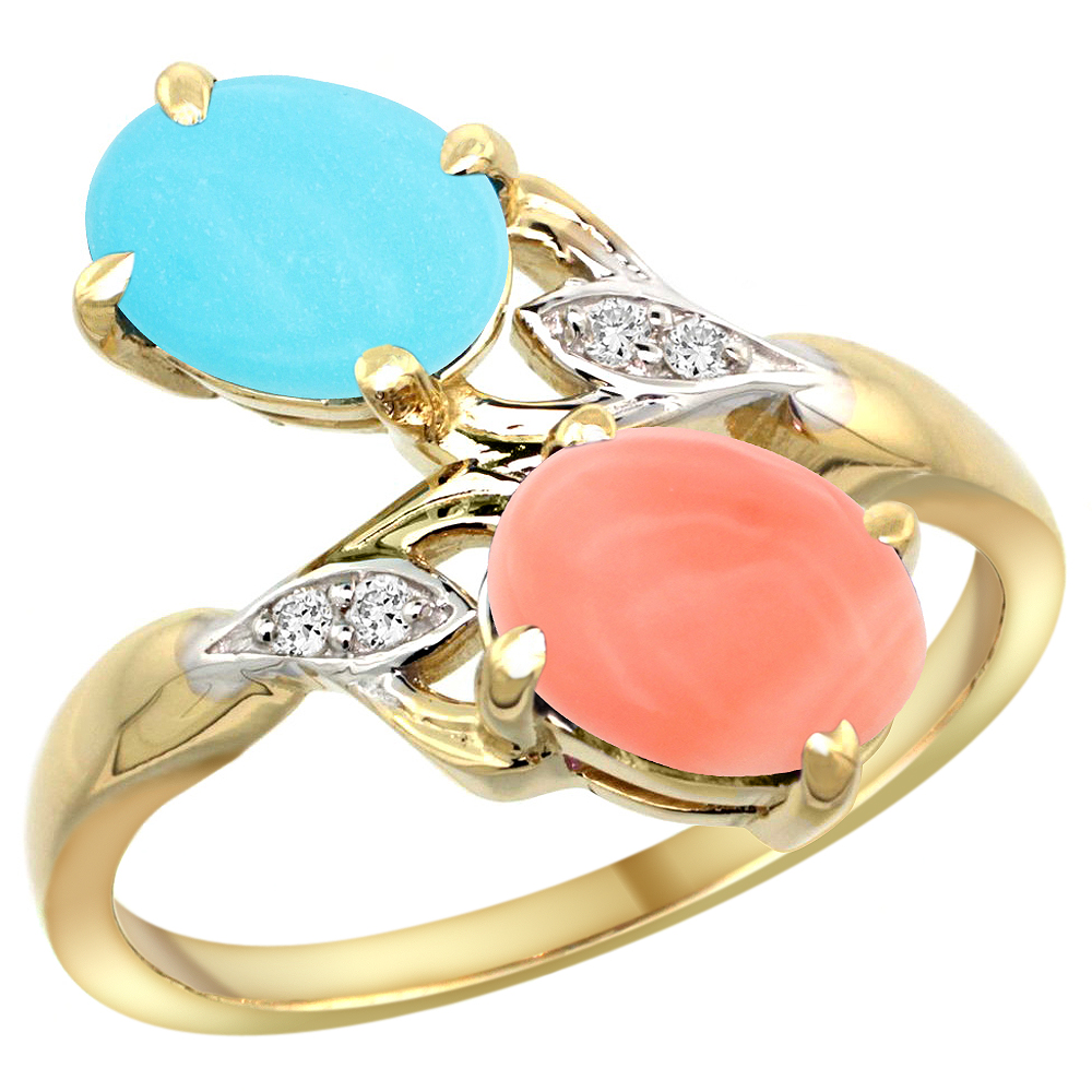 10K YELLOW GOLD DIAMOND NATURAL TURQUOISE & CORAL 2-STONE RING OVAL 8X6MM, SIZES 5 - 10