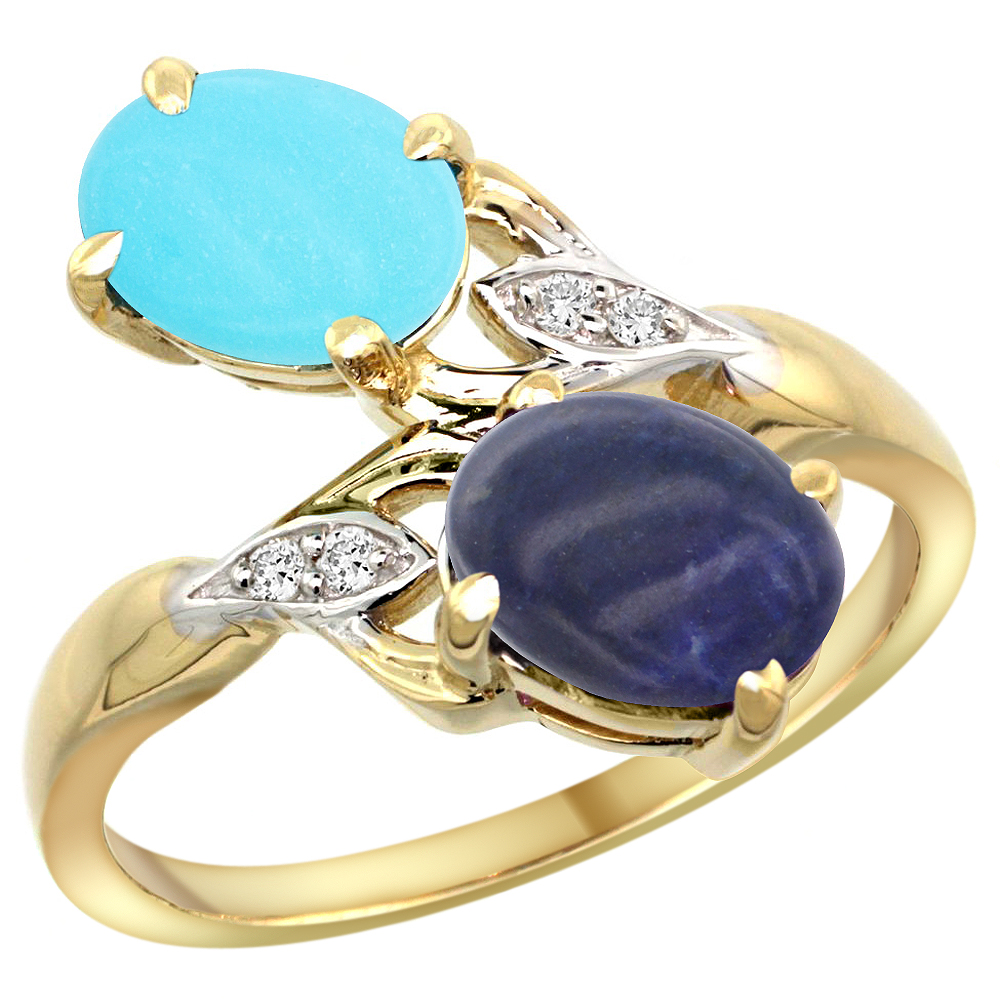 10K YELLOW GOLD DIAMOND NATURAL TURQUOISE & LAPIS 2-STONE RING OVAL 8X6MM, SIZES 5 - 10
