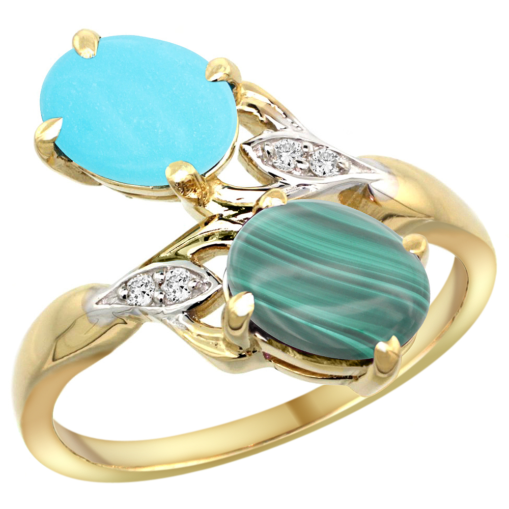 10K Yellow Gold Diamond Natural Turquoise & Malachite 2-stone Ring Oval 8x6mm, sizes 5 - 10