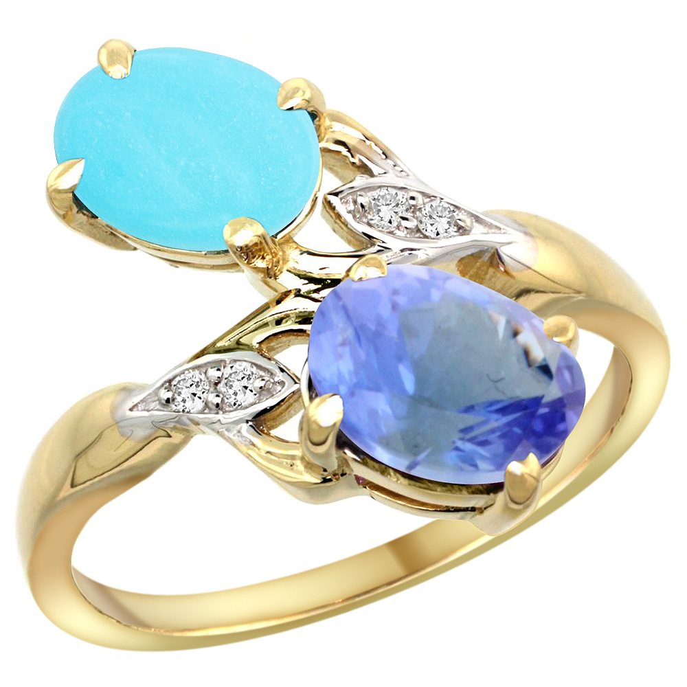 10K YELLOW GOLD DIAMOND NATURAL TURQUOISE & TANZANITE 2-STONE RING OVAL 8X6MM, SIZES 5 - 10