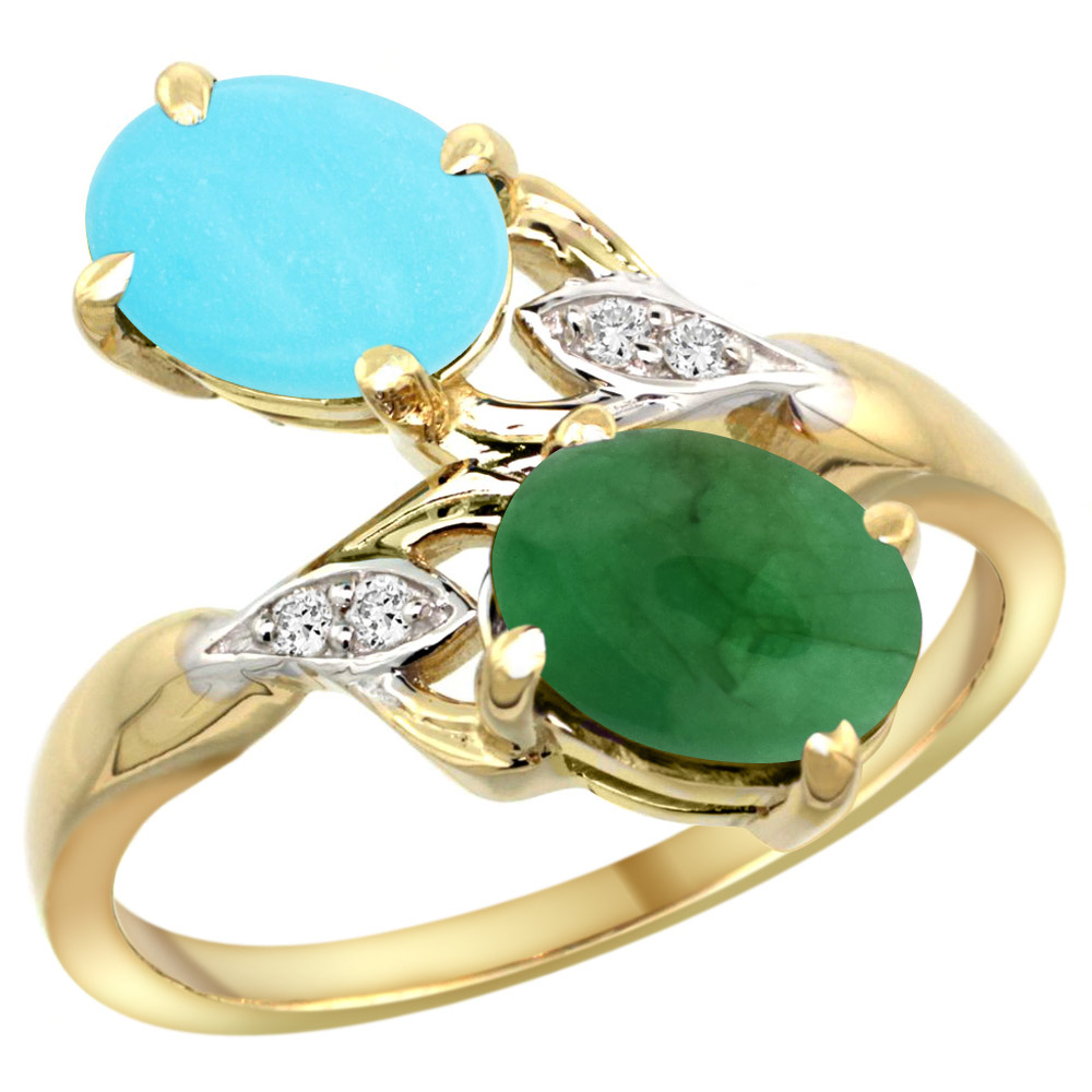10K YELLOW GOLD DIAMOND NATURAL TURQUOISE & CABOCHON EMERALD 2-STONE RING OVAL 8X6MM, SIZES 5 - 10