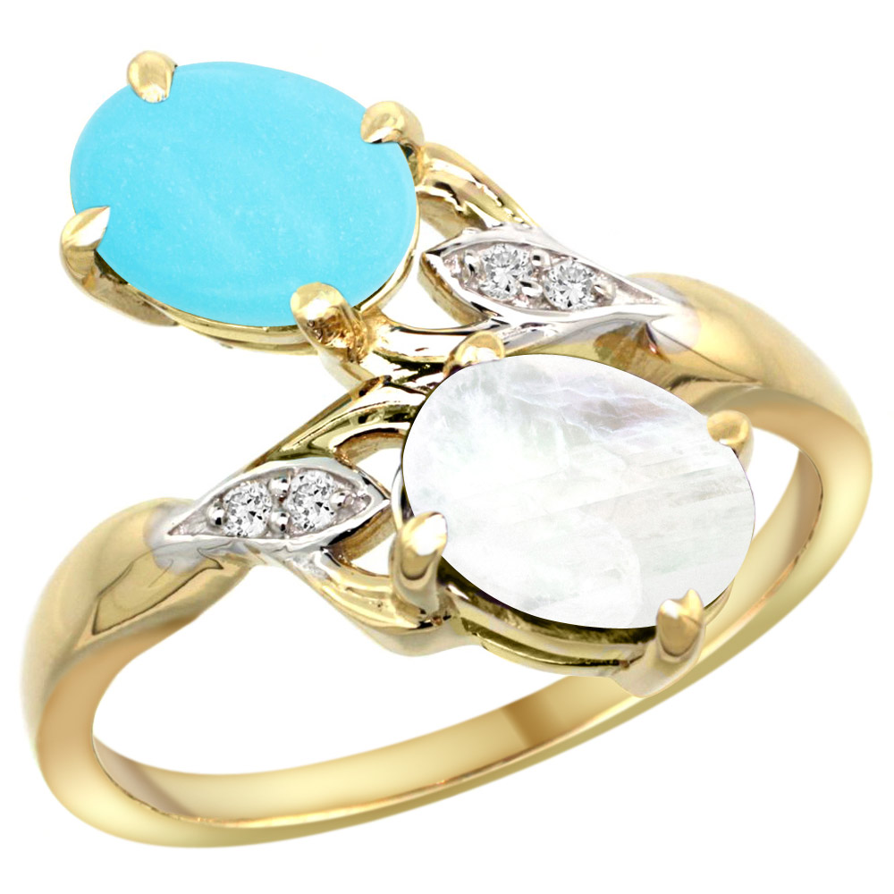 10K YELLOW GOLD DIAMOND NATURAL TURQUOISE & RAINBOW MOONSTONE 2-STONE RING OVAL 8X6MM, SIZES 5 - 10