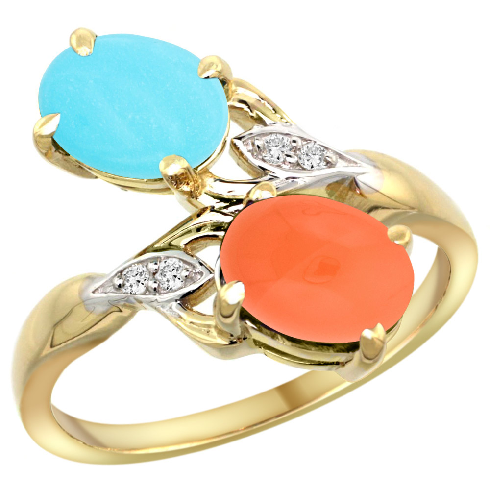 10K YELLOW GOLD DIAMOND NATURAL TURQUOISE & ORANGE MOONSTONE 2-STONE RING OVAL 8X6MM, SIZES 5 - 10