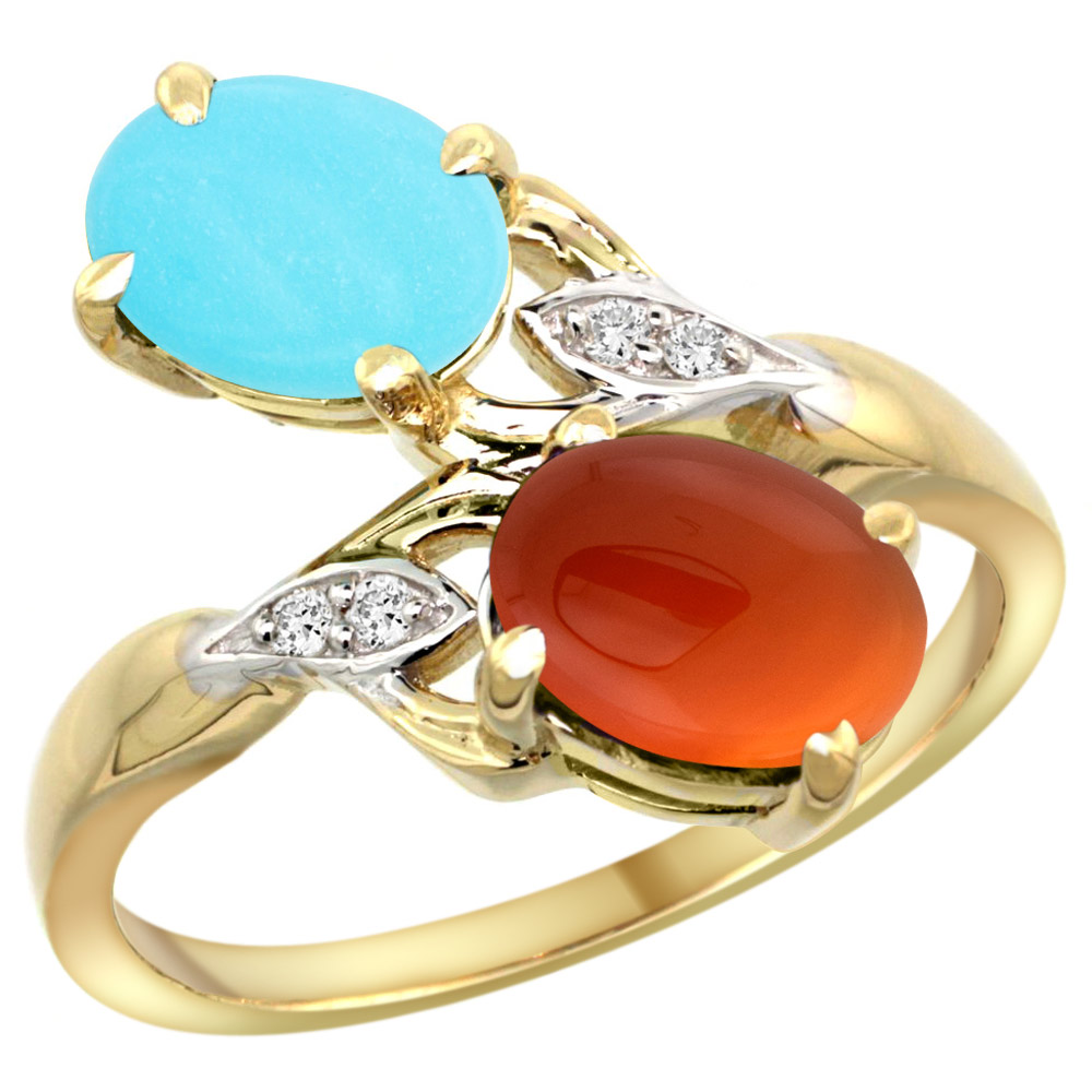 10K YELLOW GOLD DIAMOND NATURAL TURQUOISE & BROWN AGATE 2-STONE RING OVAL 8X6MM, SIZES 5 - 10