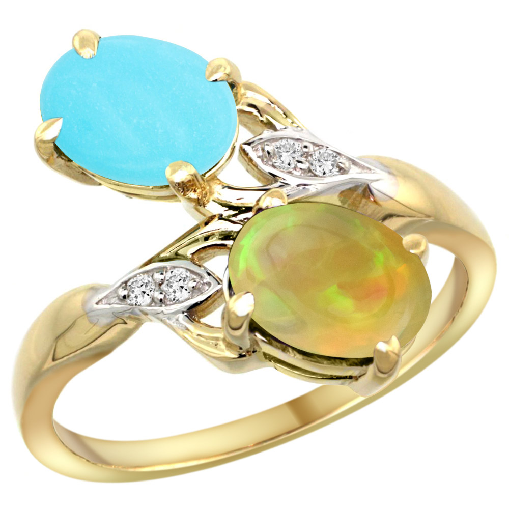 10K YELLOW GOLD DIAMOND NATURAL TURQUOISE & ETHIOPIAN OPAL 2-STONE MOTHERS RING OVAL 8X6MM, SIZE 5 - 10