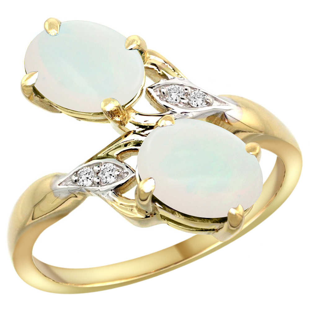 10K YELLOW GOLD DIAMOND NATURAL OPAL 2-STONE RING OVAL 8X6MM, SIZES 5 - 10
