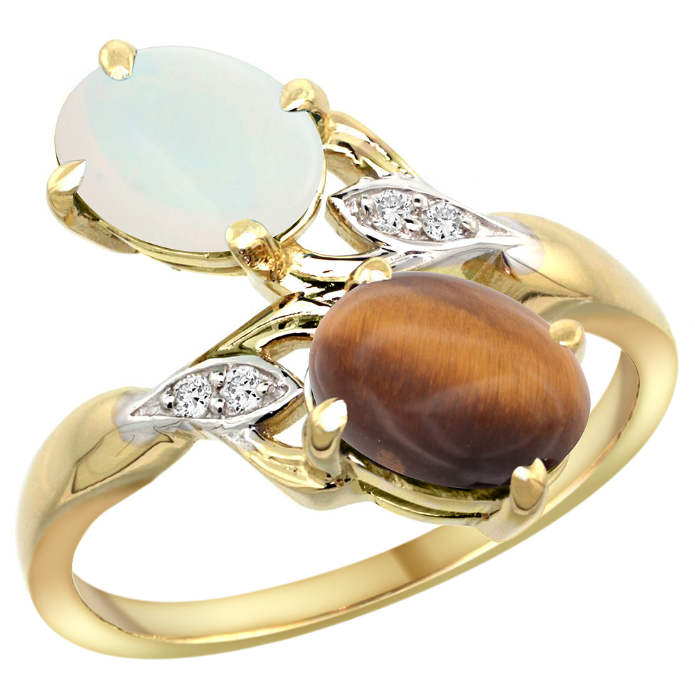 10K YELLOW GOLD DIAMOND NATURAL OPAL & TIGER EYE 2-STONE RING OVAL 8X6MM, SIZES 5 - 10