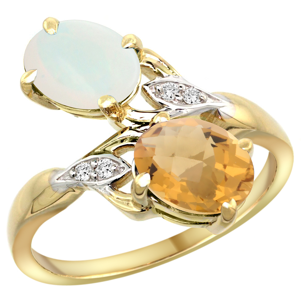 10K YELLOW GOLD DIAMOND NATURAL OPAL & WHISKY QUARTZ 2-STONE RING OVAL 8X6MM, SIZES 5 - 10