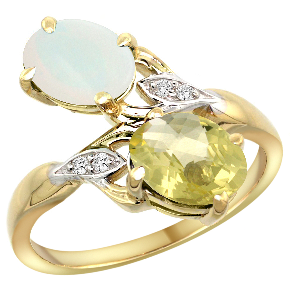 10K YELLOW GOLD DIAMOND NATURAL OPAL & LEMON QUARTZ 2-STONE RING OVAL 8X6MM, SIZES 5 - 10