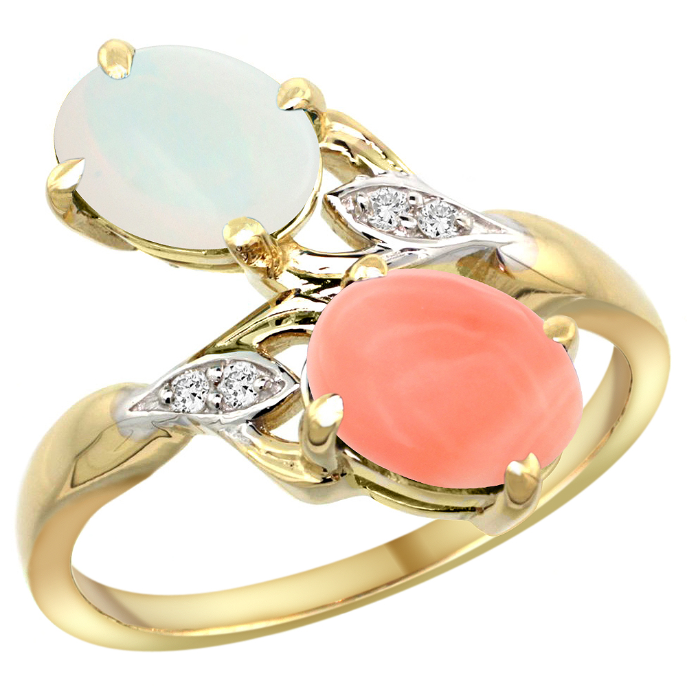 10K YELLOW GOLD DIAMOND NATURAL OPAL & CORAL 2-STONE RING OVAL 8X6MM, SIZES 5 - 10