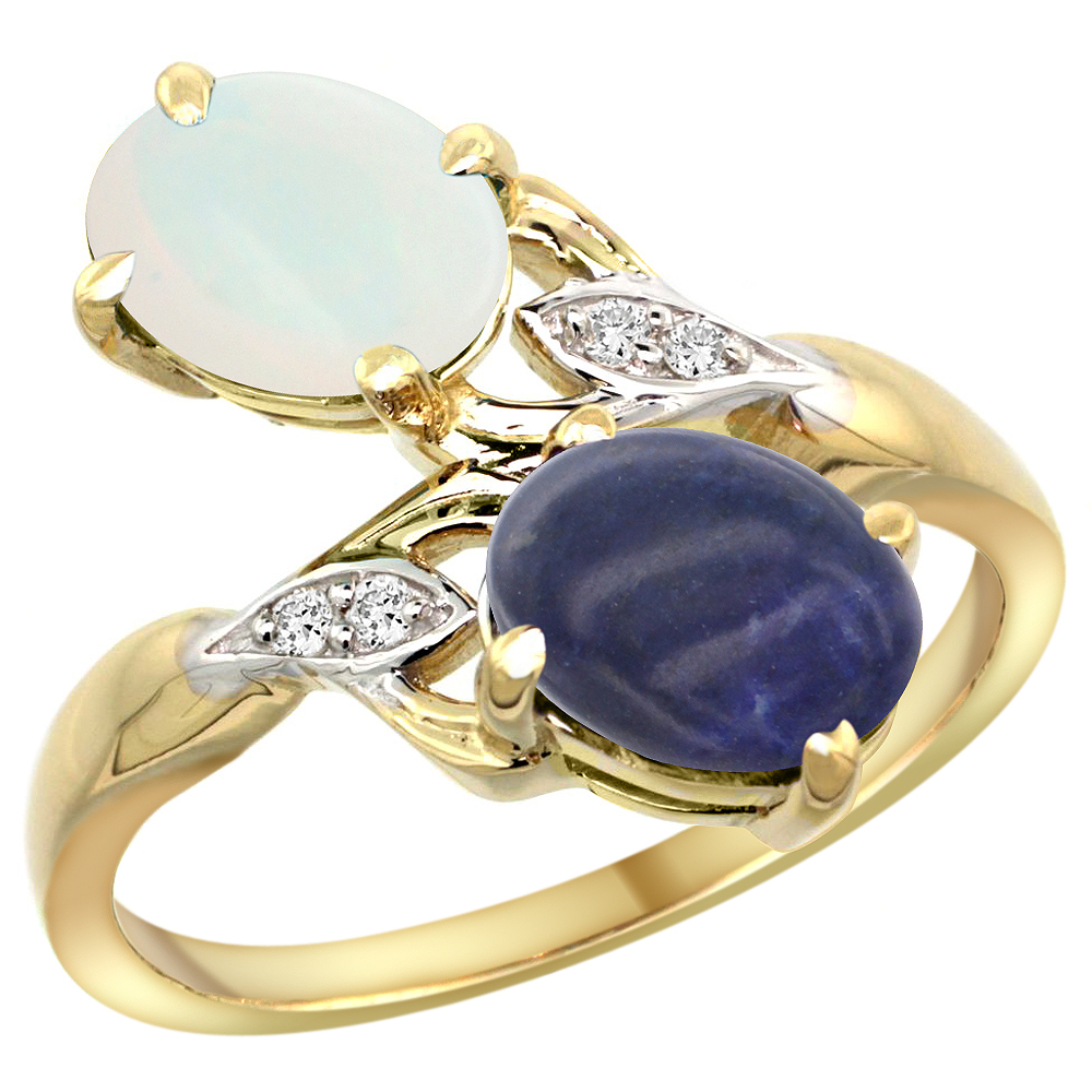 10K YELLOW GOLD DIAMOND NATURAL OPAL & LAPIS 2-STONE RING OVAL 8X6MM, SIZES 5 - 10