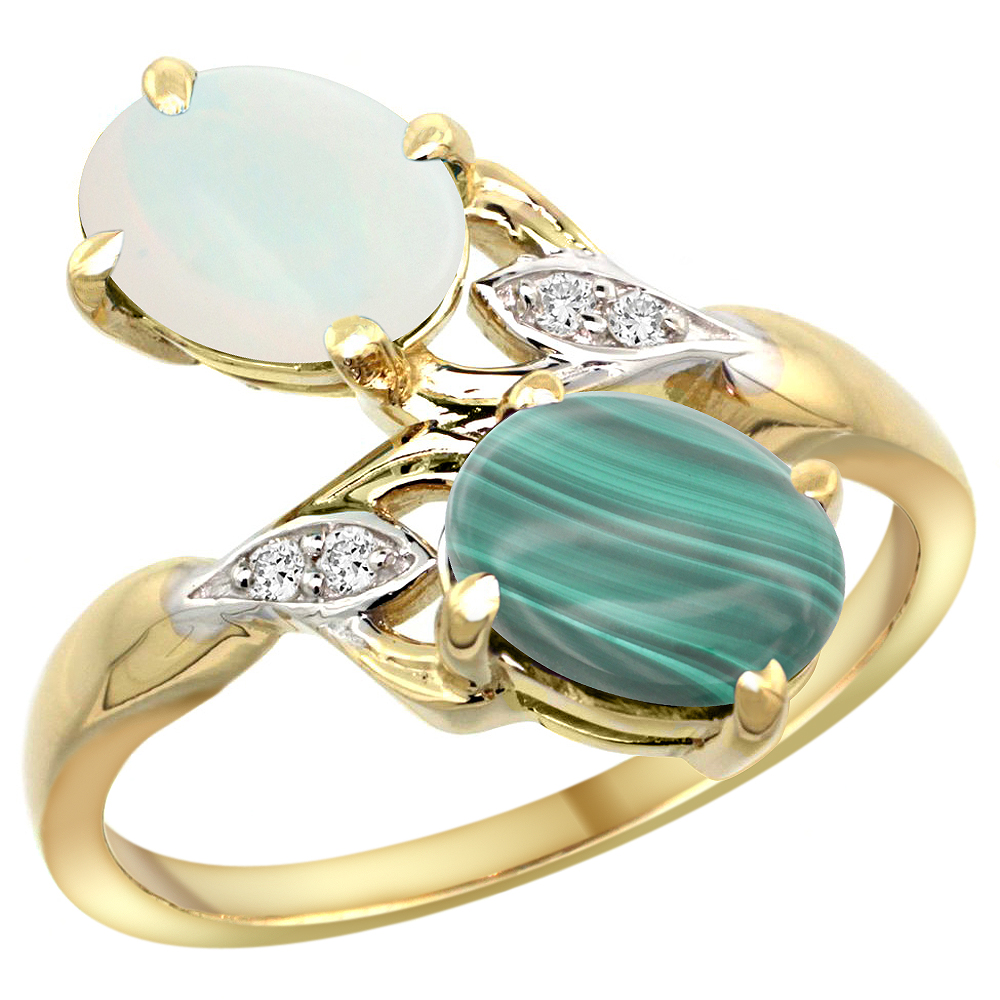 10K Yellow Gold Diamond Natural Opal &amp; Malachite 2-stone Ring Oval 8x6mm, sizes 5 - 10