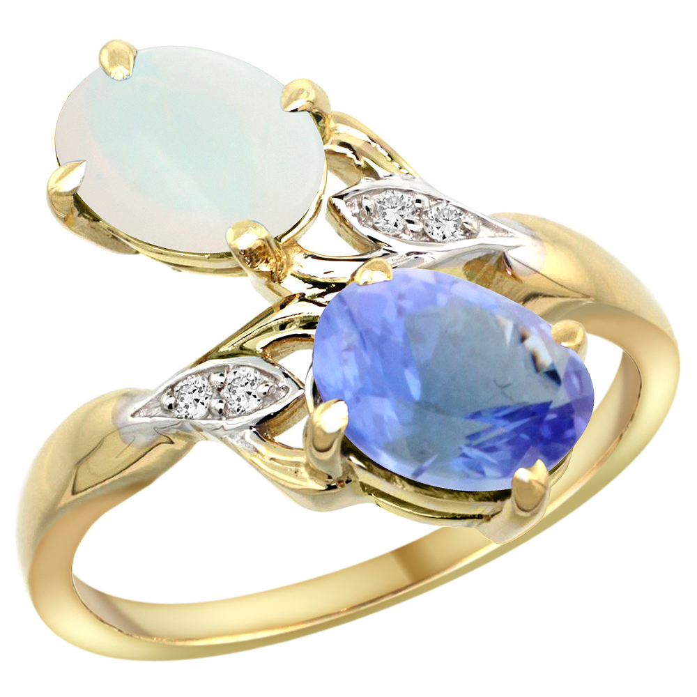 10K YELLOW GOLD DIAMOND NATURAL OPAL & TANZANITE 2-STONE RING OVAL 8X6MM, SIZES 5 - 10