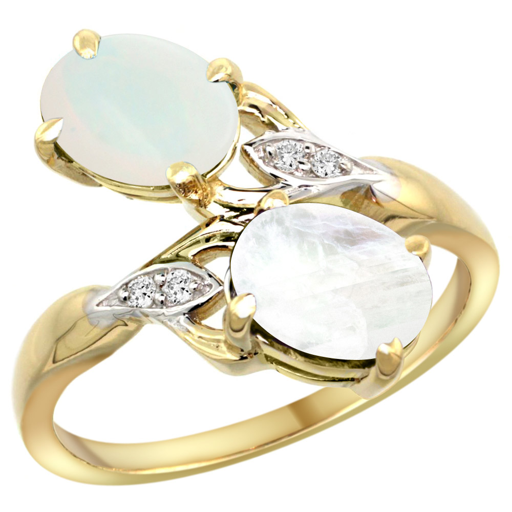 10K YELLOW GOLD DIAMOND NATURAL WHITE OPAL & RAINBOW MOONSTONE 2-STONE RING OVAL 8X6MM, SIZES 5 - 10