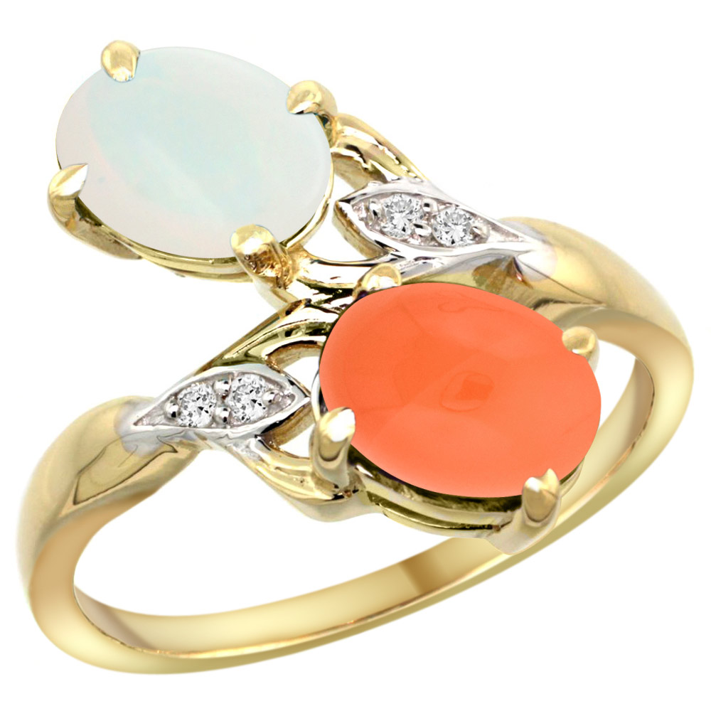 10K YELLOW GOLD DIAMOND NATURAL WHITE OPAL & ORANGE MOONSTONE 2-STONE RING OVAL 8X6MM, SIZES 5 - 10