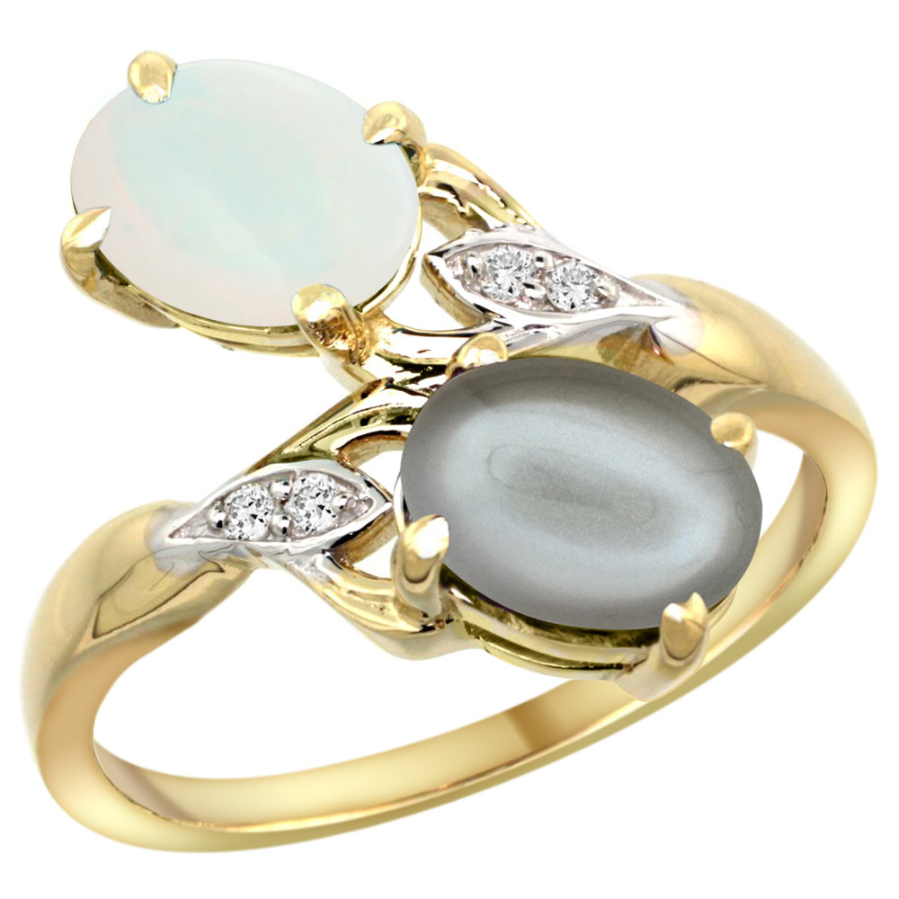 10K YELLOW GOLD DIAMOND NATURAL WHITE OPAL & GRAY MOONSTONE 2-STONE RING OVAL 8X6MM, SIZES 5 - 10