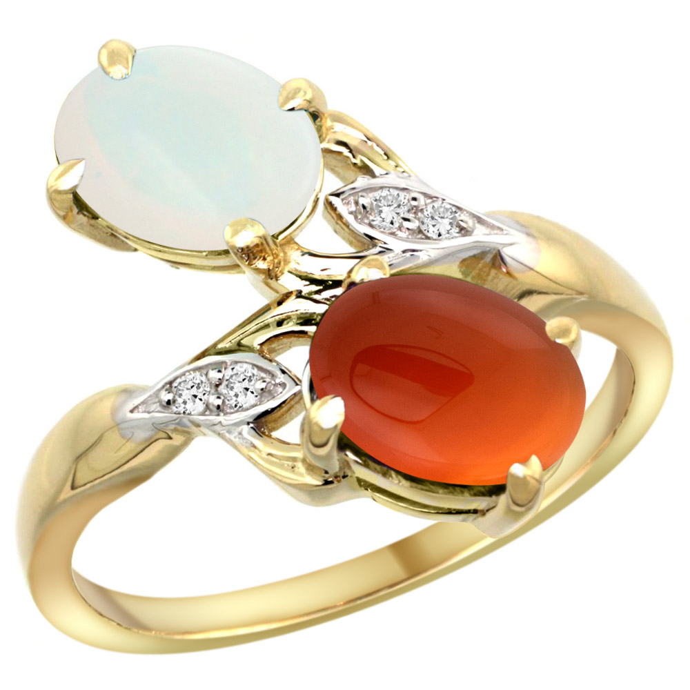 10K YELLOW GOLD DIAMOND NATURAL WHITE OPAL & BROWN AGATE 2-STONE RING OVAL 8X6MM, SIZES 5 - 10