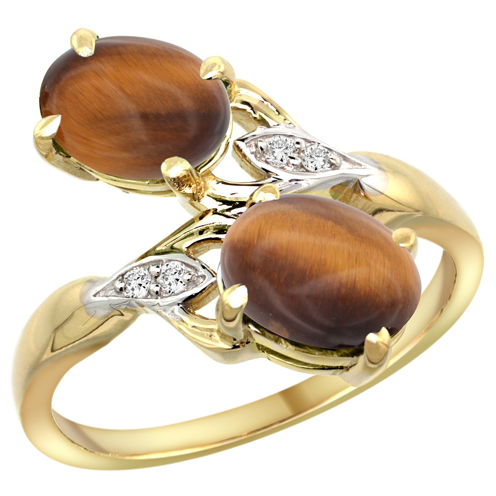 14k Yellow Gold Diamond Natural Tiger Eye 2-stone Ring Oval 8x6mm, sizes 5 - 10