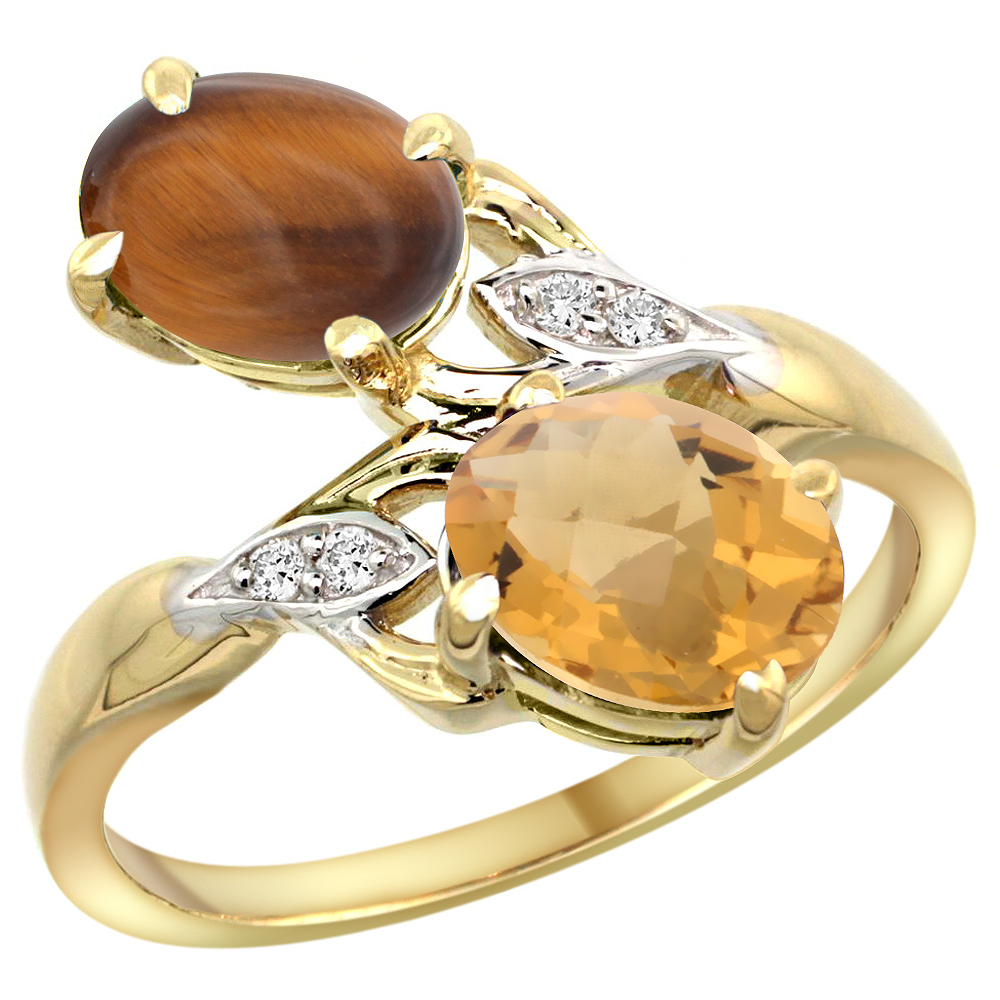 10K YELLOW GOLD DIAMOND NATURAL TIGER EYE & WHISKY QUARTZ 2-STONE RING OVAL 8X6MM, SIZES 5 - 10