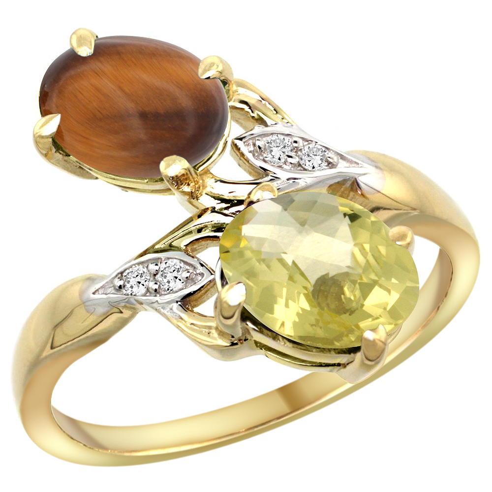 10K YELLOW GOLD DIAMOND NATURAL TIGER EYE & LEMON QUARTZ 2-STONE RING OVAL 8X6MM, SIZES 5 - 10