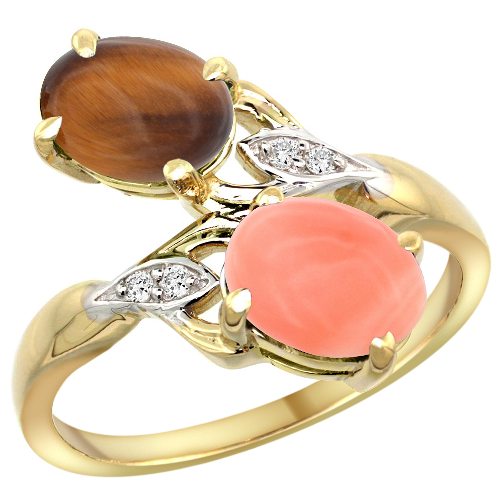 10K YELLOW GOLD DIAMOND NATURAL TIGER EYE & CORAL 2-STONE RING OVAL 8X6MM, SIZES 5 - 10