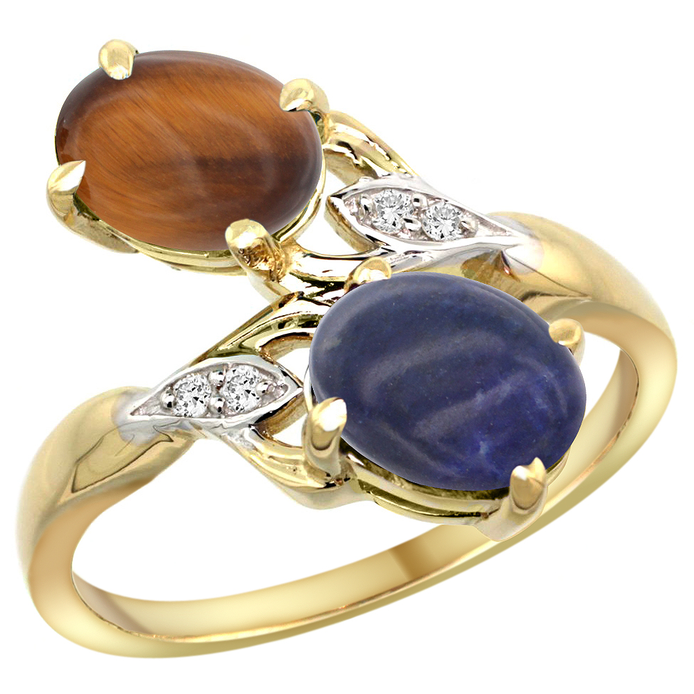 10K YELLOW GOLD DIAMOND NATURAL TIGER EYE & LAPIS 2-STONE RING OVAL 8X6MM, SIZES 5 - 10