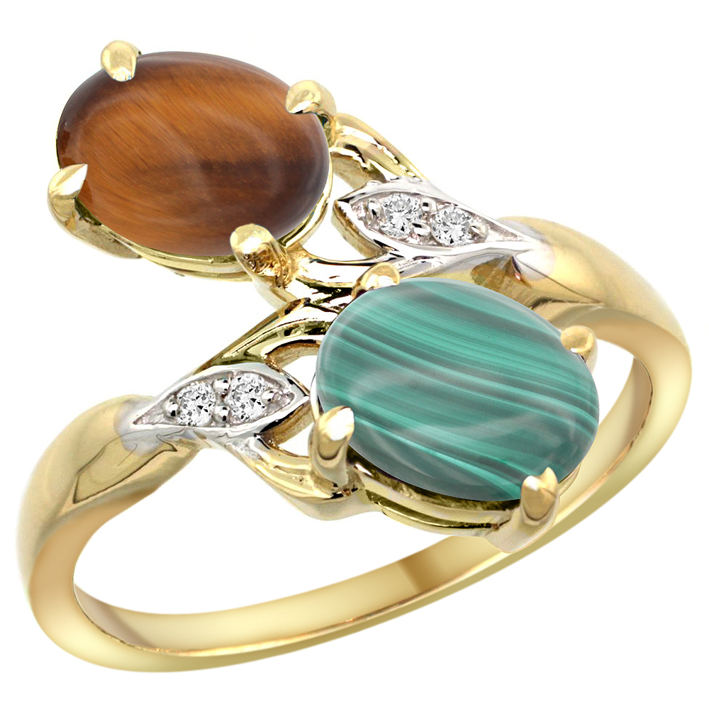 10K Yellow Gold Diamond Natural Tiger Eye & Malachite 2-stone Ring Oval 8x6mm, sizes 5 - 10