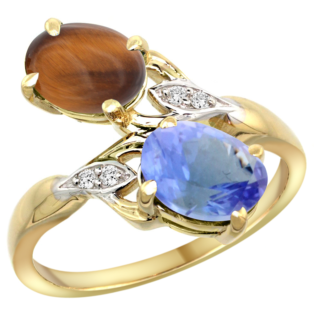 10K YELLOW GOLD DIAMOND NATURAL TIGER EYE & TANZANITE 2-STONE RING OVAL 8X6MM, SIZES 5 - 10