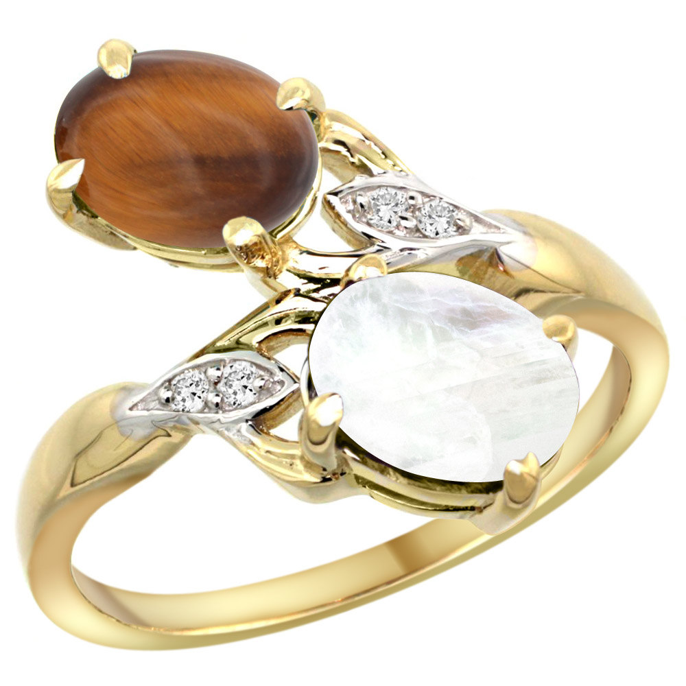 10K YELLOW GOLD DIAMOND NATURAL TIGER EYE & RAINBOW MOONSTONE 2-STONE RING OVAL 8X6MM, SIZES 5 - 10