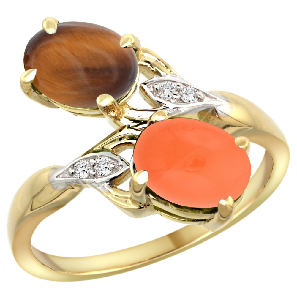 10K YELLOW GOLD DIAMOND NATURAL TIGER EYE & ORANGE MOONSTONE 2-STONE RING OVAL 8X6MM, SIZES 5 - 10
