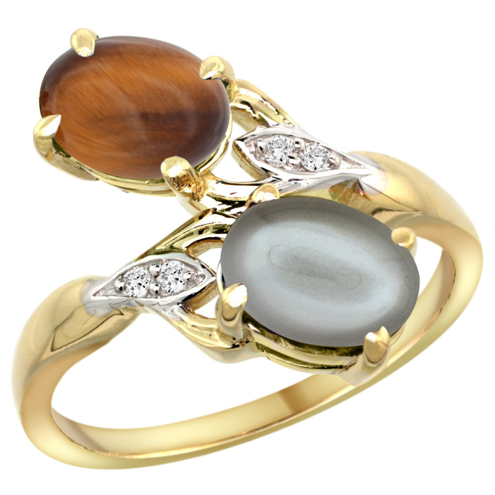 10K YELLOW GOLD DIAMOND NATURAL TIGER EYE & GRAY MOONSTONE 2-STONE RING OVAL 8X6MM, SIZES 5 - 10