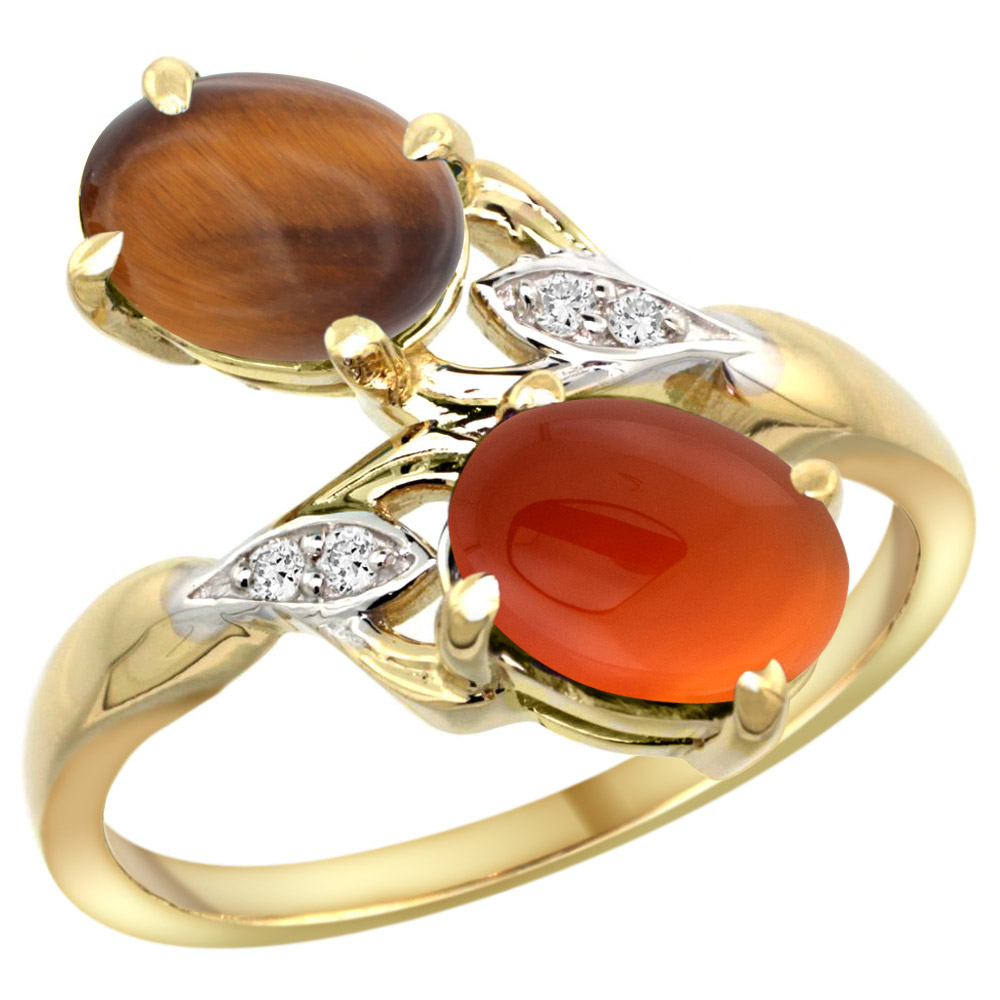 10K YELLOW GOLD DIAMOND NATURAL TIGER EYE & BROWN AGATE 2-STONE RING OVAL 8X6MM, SIZES 5 - 10