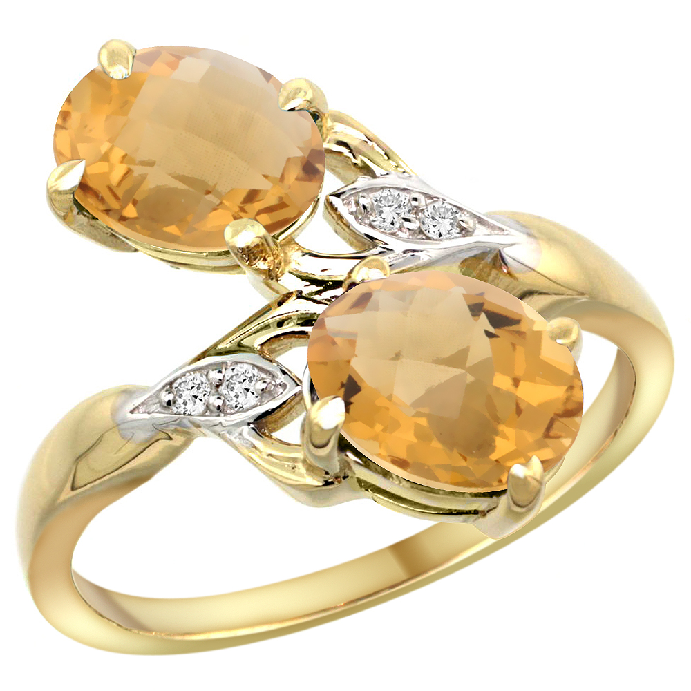 10K YELLOW GOLD DIAMOND NATURAL WHISKY QUARTZ 2-STONE RING OVAL 8X6MM, SIZES 5 - 10