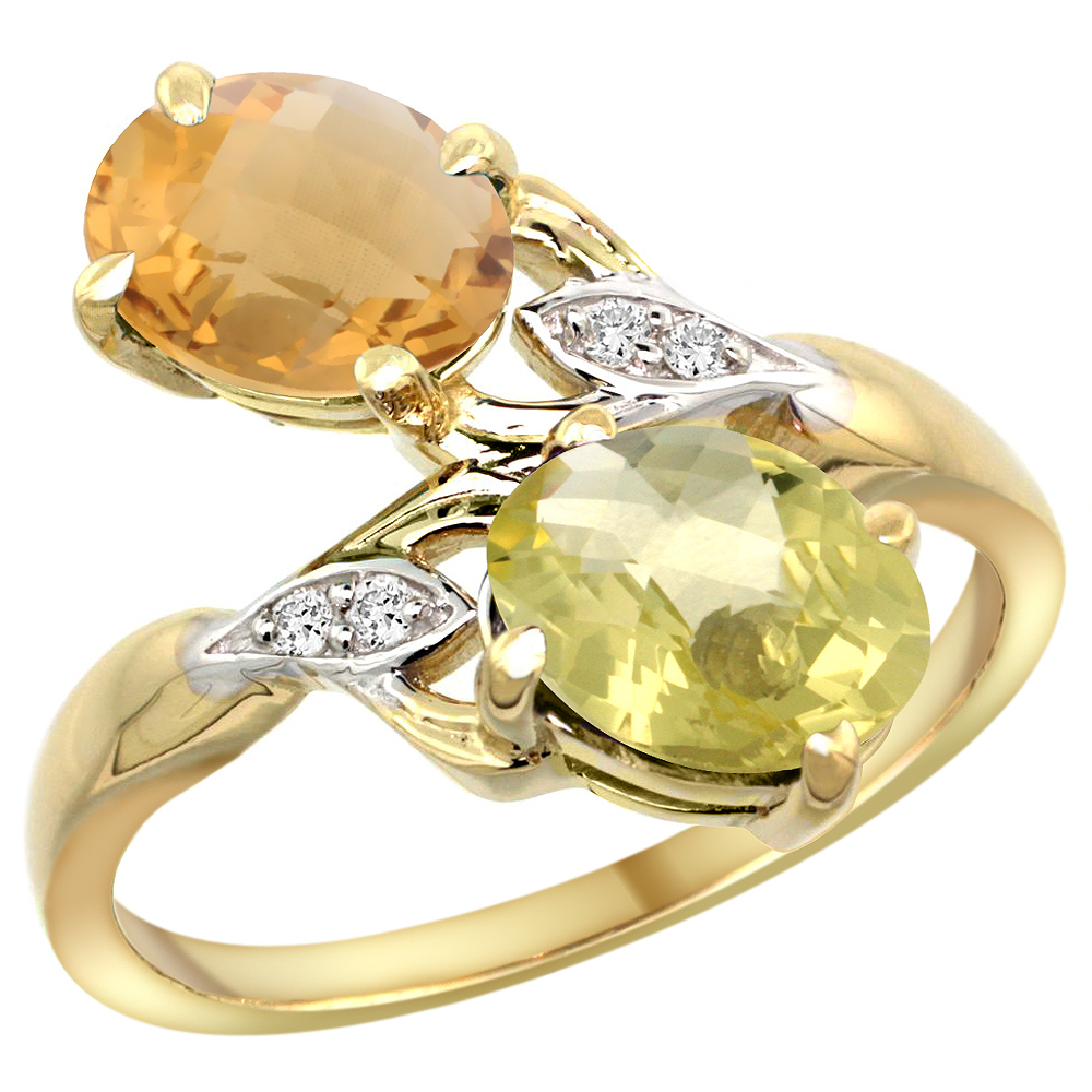 10K YELLOW GOLD DIAMOND NATURAL WHISKY QUARTZ & LEMON QUARTZ 2-STONE RING OVAL 8X6MM, SIZES 5 - 10