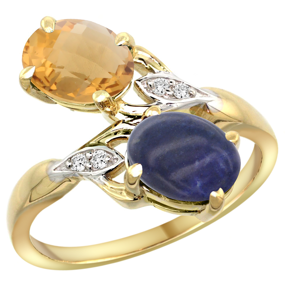 10K YELLOW GOLD DIAMOND NATURAL WHISKY QUARTZ & LAPIS 2-STONE RING OVAL 8X6MM, SIZES 5 - 10