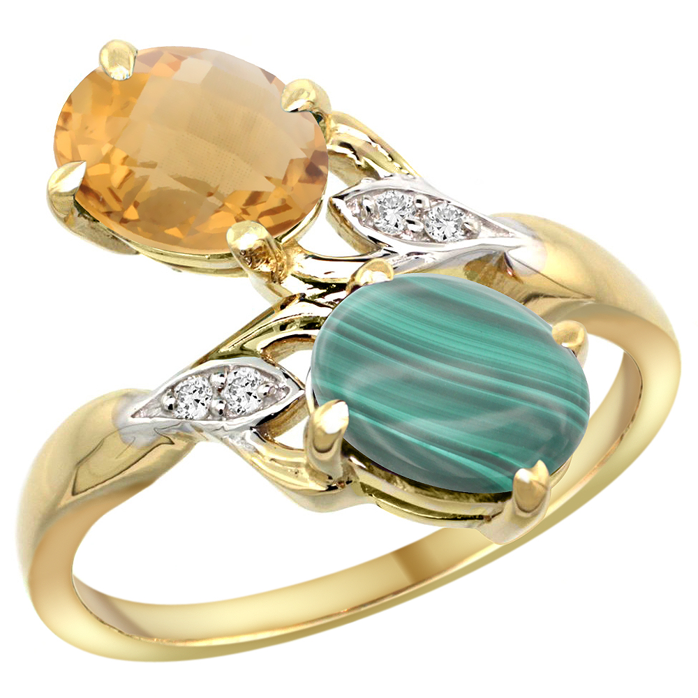 10K Yellow Gold Diamond Natural Whisky Quartz & Malachite 2-stone Ring Oval 8x6mm, sizes 5 - 10