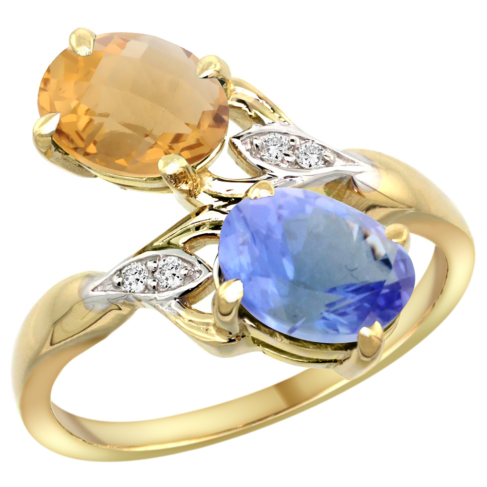 10K Yellow Gold Diamond Natural Whisky Quartz & Tanzanite 2-stone Ring Oval 8x6mm, sizes 5 - 10