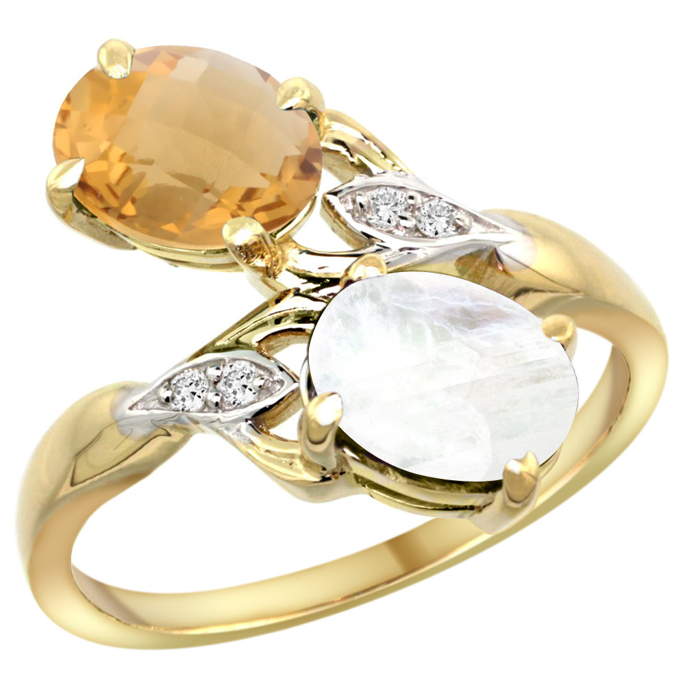 10K Yellow Gold Diamond Natural Whisky Quartz & Rainbow Moonstone 2-stone Ring Oval 8x6mm, sizes 5 - 10