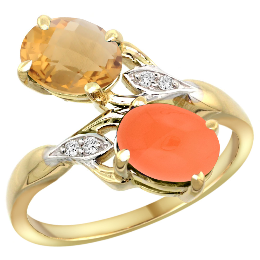 10K YELLOW GOLD DIAMOND NATURAL WHISKY QUARTZ & ORANGE MOONSTONE 2-STONE RING OVAL 8X6MM, SIZES 5 - 10