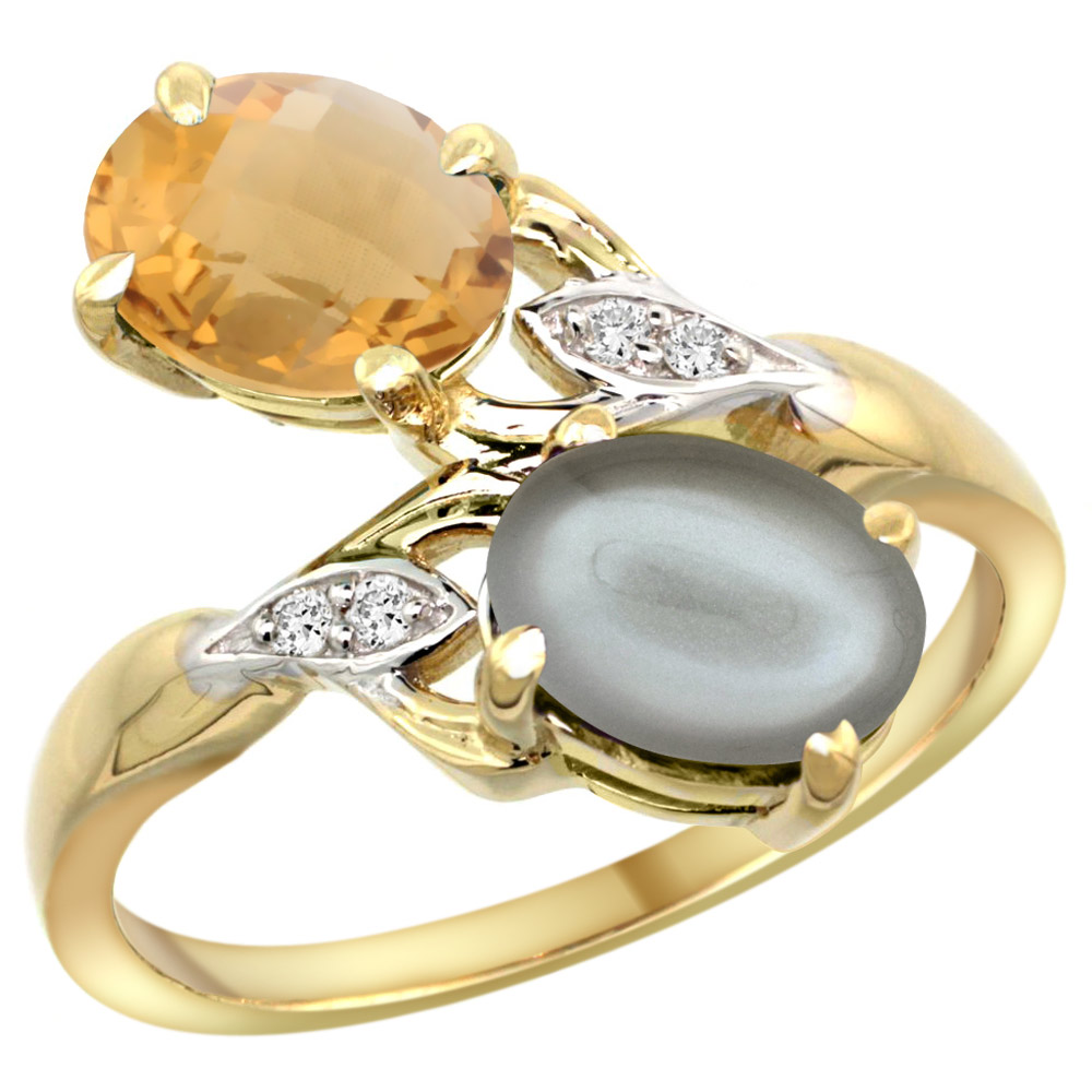 10K YELLOW GOLD DIAMOND NATURAL WHISKY QUARTZ & GRAY MOONSTONE 2-STONE RING OVAL 8X6MM, SIZES 5 - 10