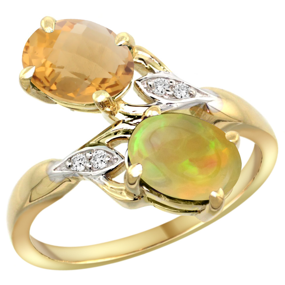 10K Yellow Gold Diamond Natural Whisky Quartz & Ethiopian Opal 2-stone Mothers Ring Oval 8x6mm, sz 5 - 10