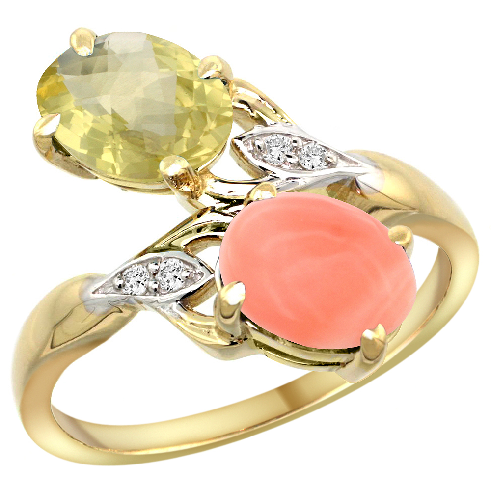 10K YELLOW GOLD DIAMOND NATURAL LEMON QUARTZ & CORAL 2-STONE RING OVAL 8X6MM, SIZES 5 - 10