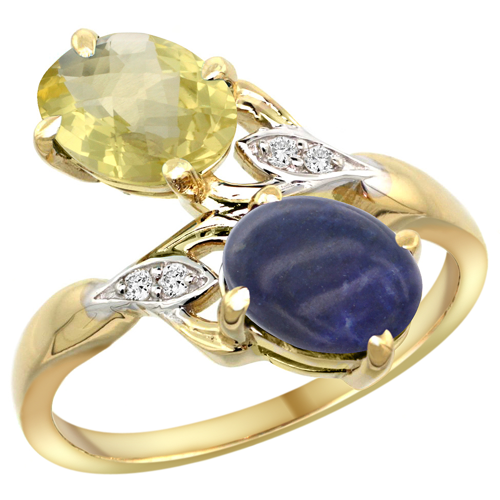 10K YELLOW GOLD DIAMOND NATURAL LEMON QUARTZ & LAPIS 2-STONE RING OVAL 8X6MM, SIZES 5 - 10