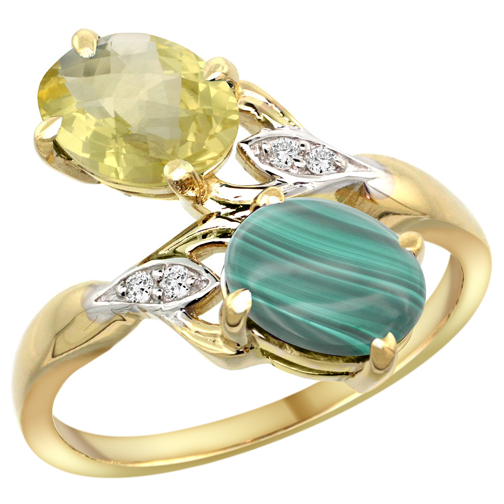 10K Yellow Gold Diamond Natural Lemon Quartz & Malachite 2-stone Ring Oval 8x6mm, sizes 5 - 10