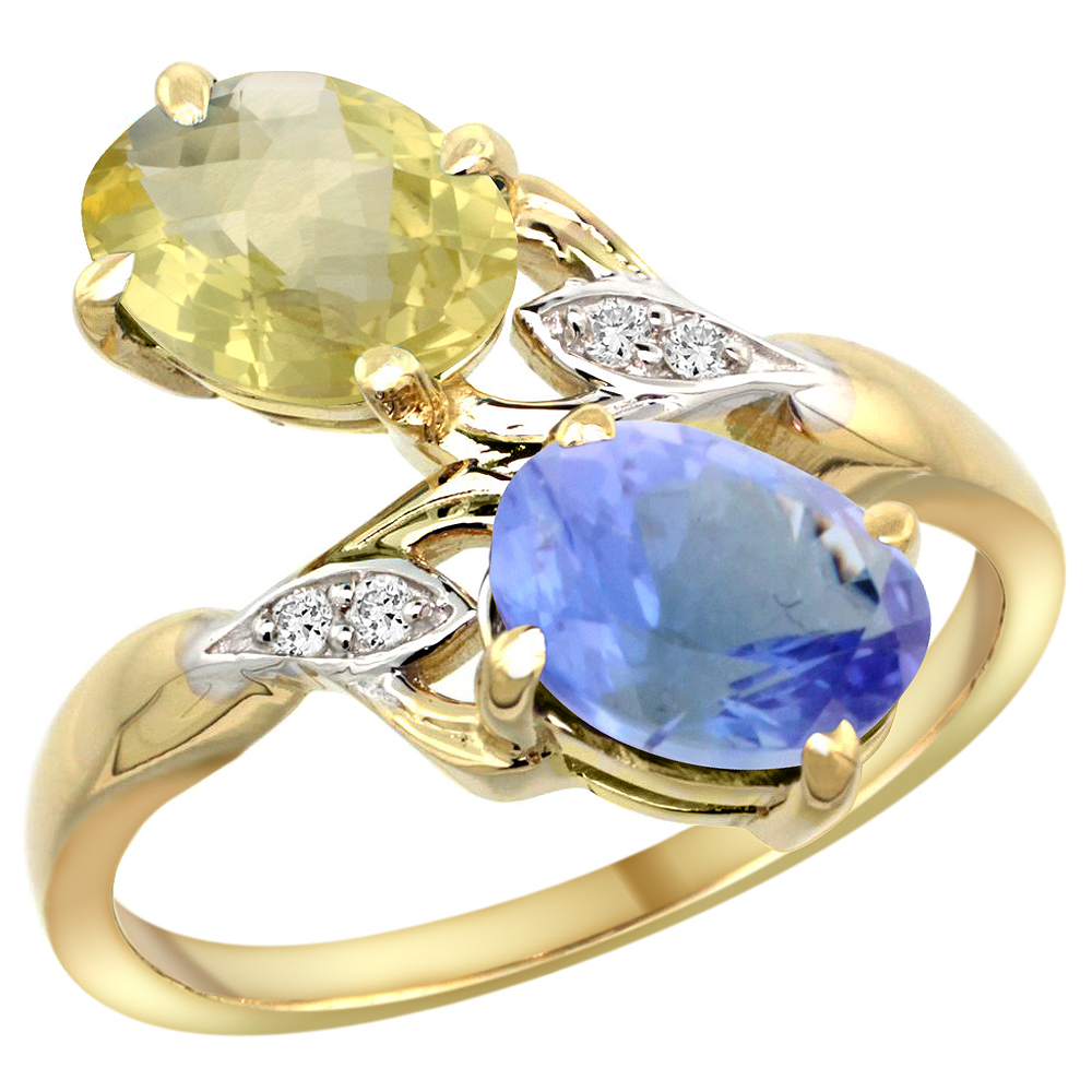 10K Yellow Gold Diamond Natural Lemon Quartz & Tanzanite 2-stone Ring Oval 8x6mm, sizes 5 - 10