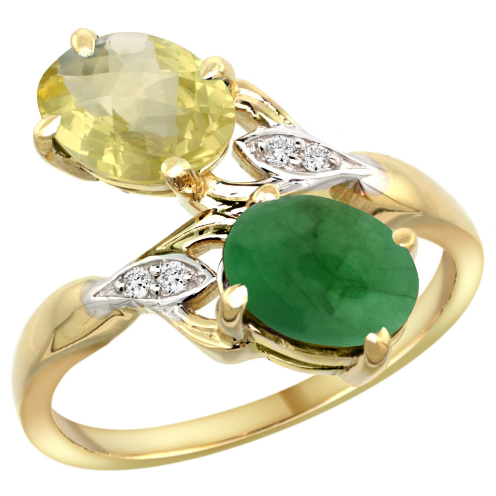 10K YELLOW GOLD DIAMOND NATURAL LEMON QUARTZ & CABOCHON EMERALD 2-STONE RING OVAL 8X6MM, SIZES 5 - 10