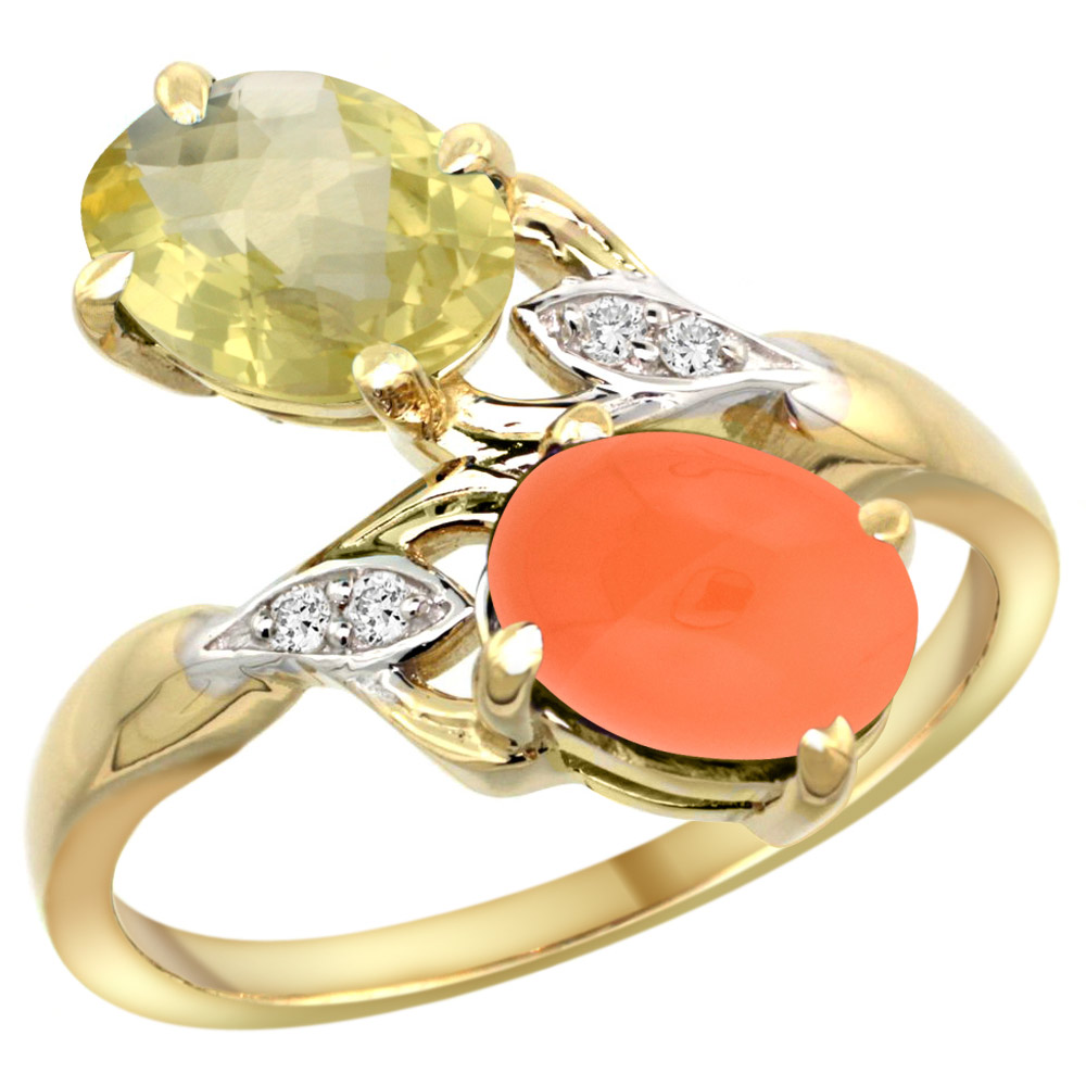 14K YELLOW GOLD DIAMOND NATURAL LEMON QUARTZ & ORANGE MOONSTONE 2-STONE RING OVAL 8X6MM, SIZES 5 - 10