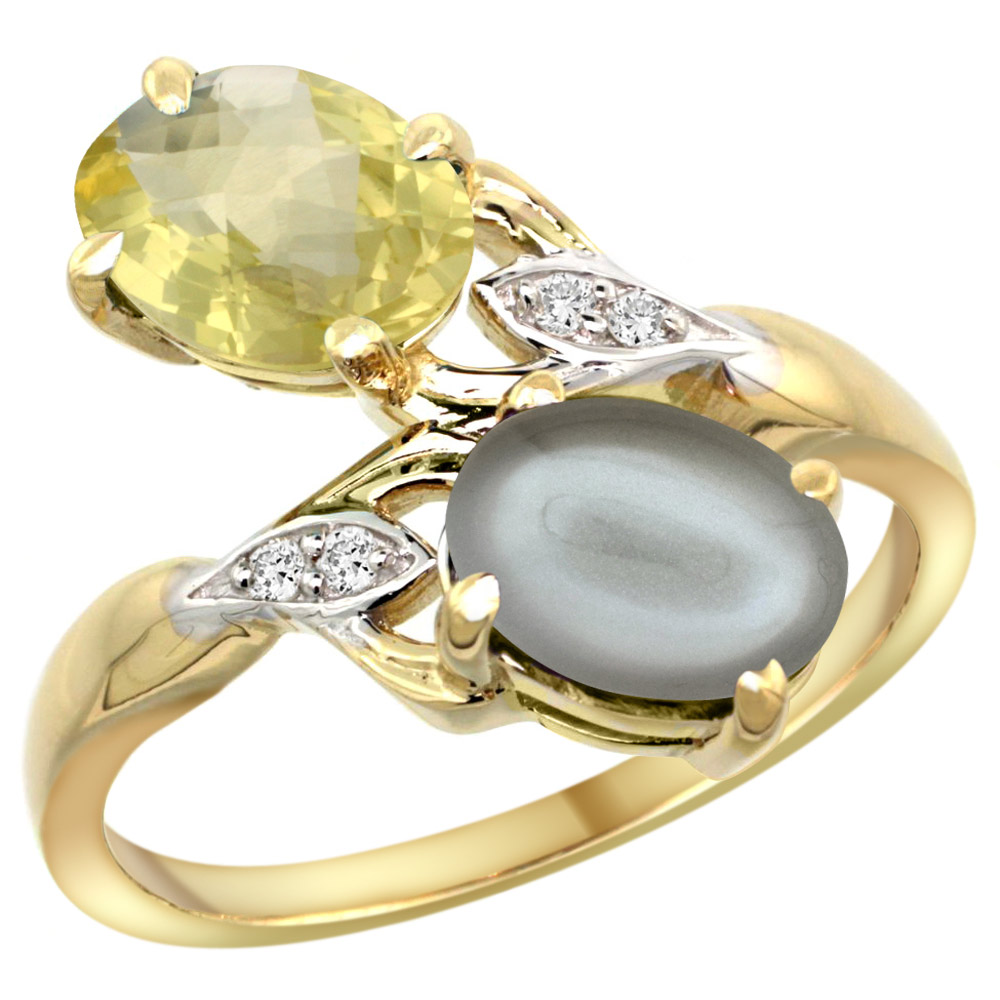 14K YELLOW GOLD DIAMOND NATURAL LEMON QUARTZ & GRAY MOONSTONE 2-STONE RING OVAL 8X6MM, SIZES 5 - 10